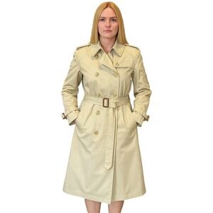 Vtg EVAN PICONE Classic Tan Double Breasted button Belted Trench Coat Women's L